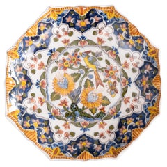 Vintage Dutch Delft Faience Polychrome Octagonal Floral Bird Wall Plate, c. 1940