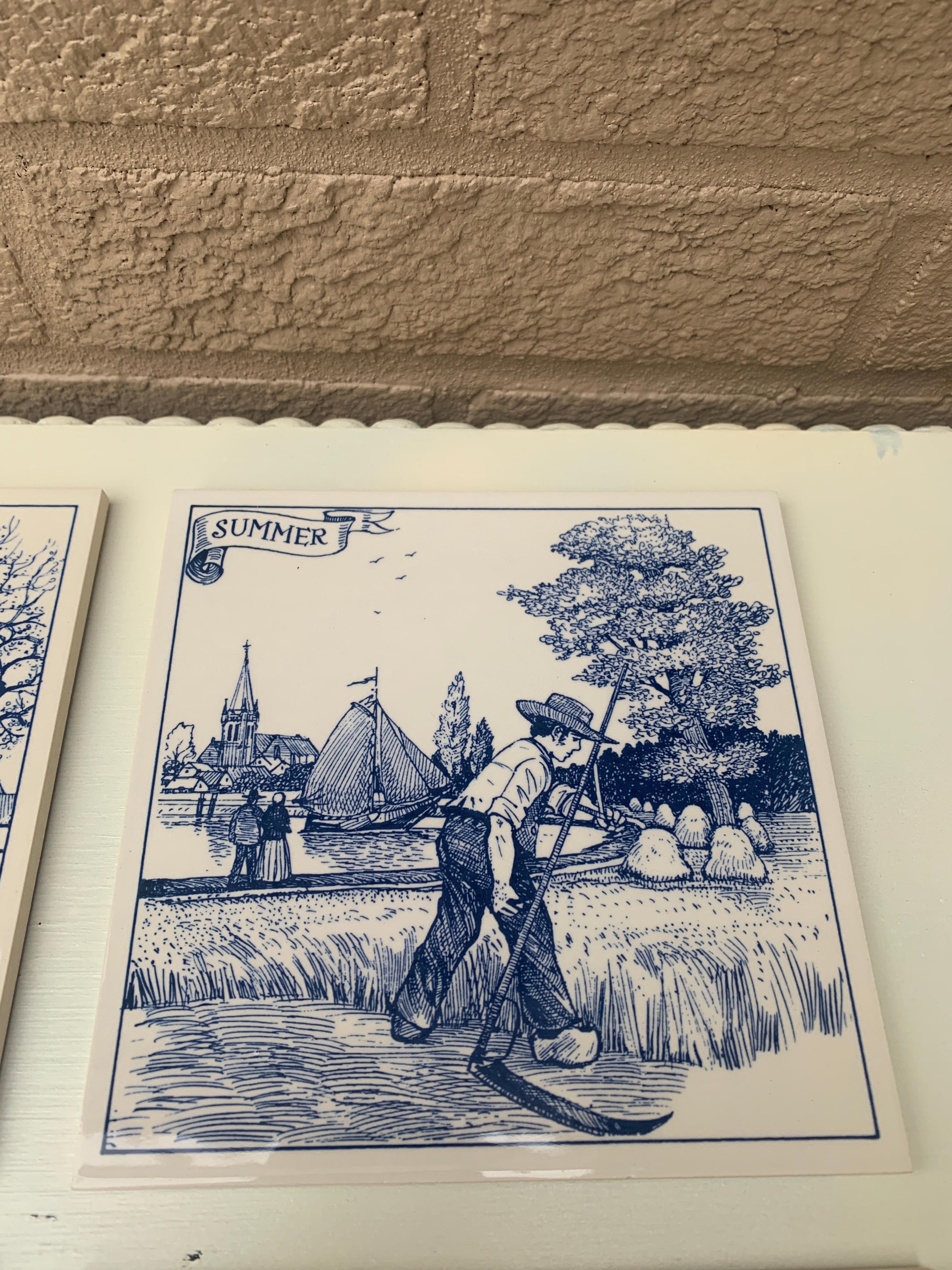 Vintage Dutch Delft Handmade Blue and White Tiles of The Four Seasons, Set of 4 In Good Condition In Elkhart, IN