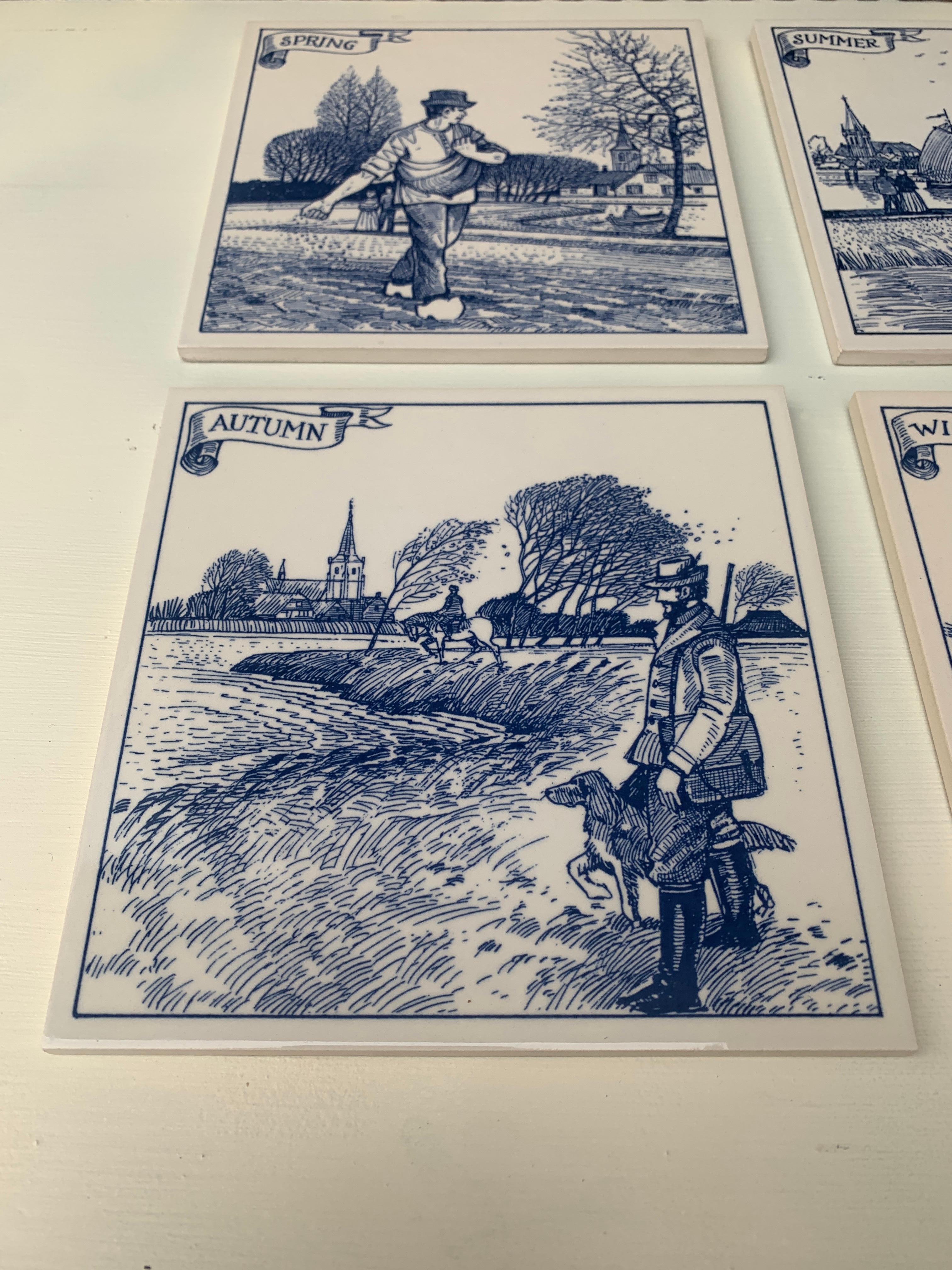 20th Century Vintage Dutch Delft Handmade Blue and White Tiles of The Four Seasons, Set of 4