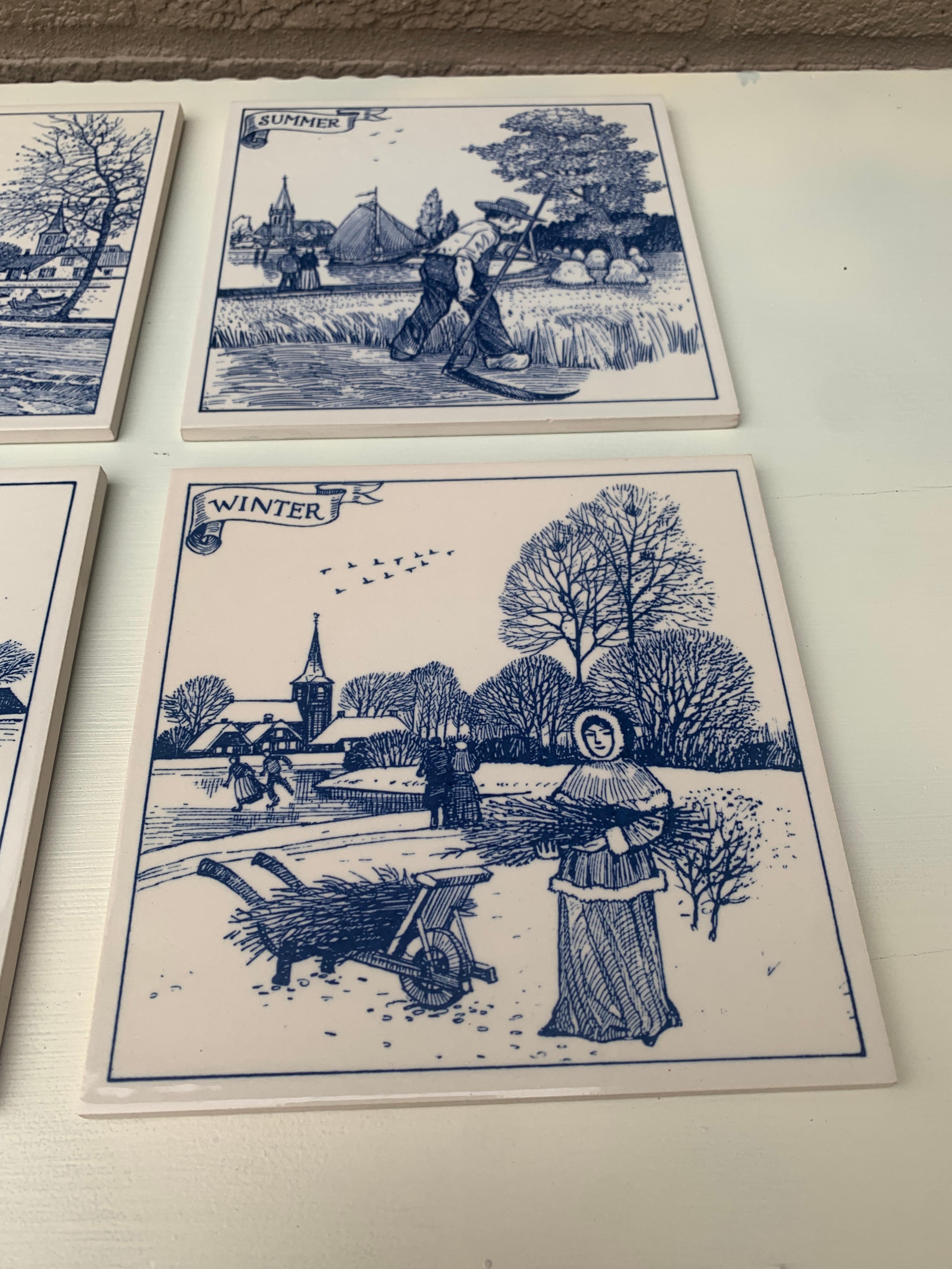 Vintage Dutch Delft Handmade Blue and White Tiles of The Four Seasons, Set of 4 1