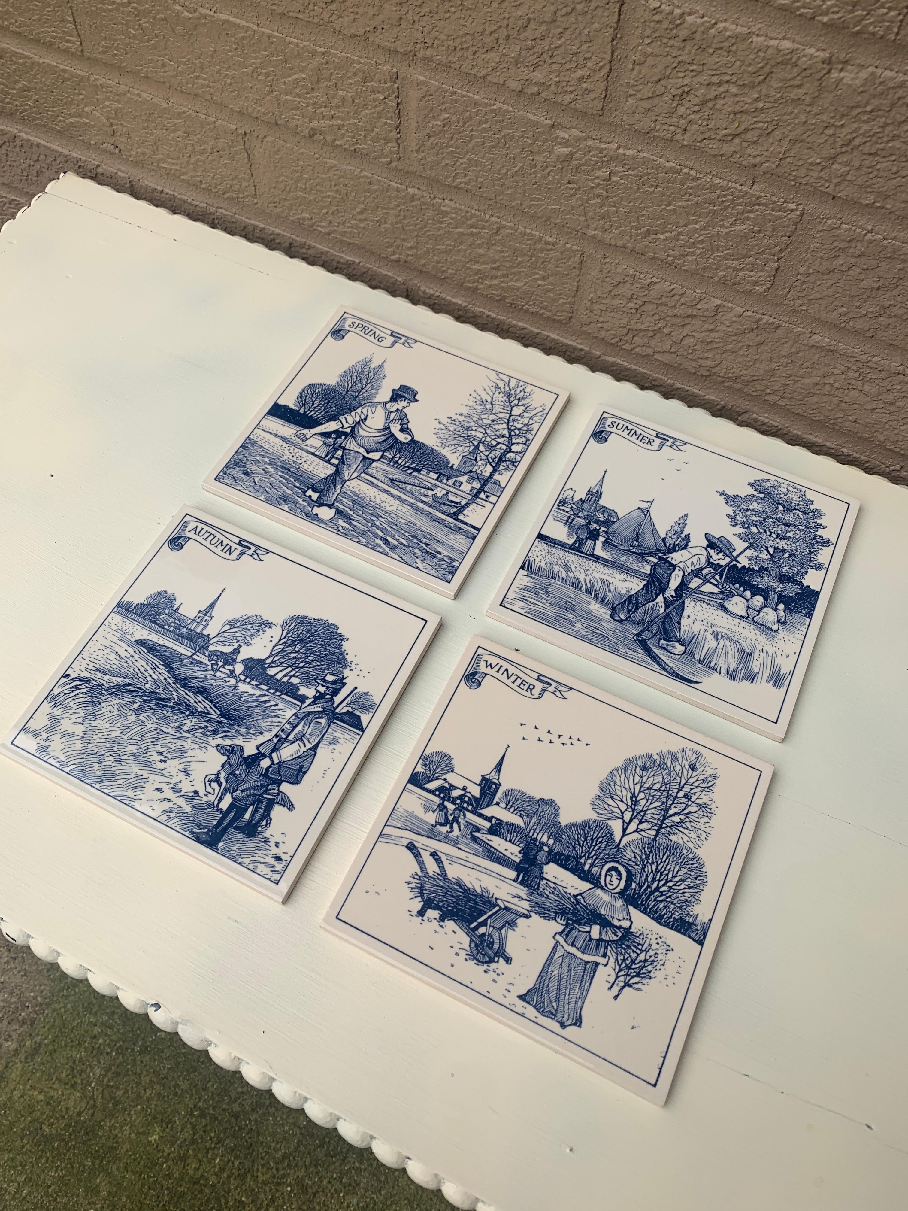 Vintage Dutch Delft Handmade Blue and White Tiles of The Four Seasons, Set of 4 2