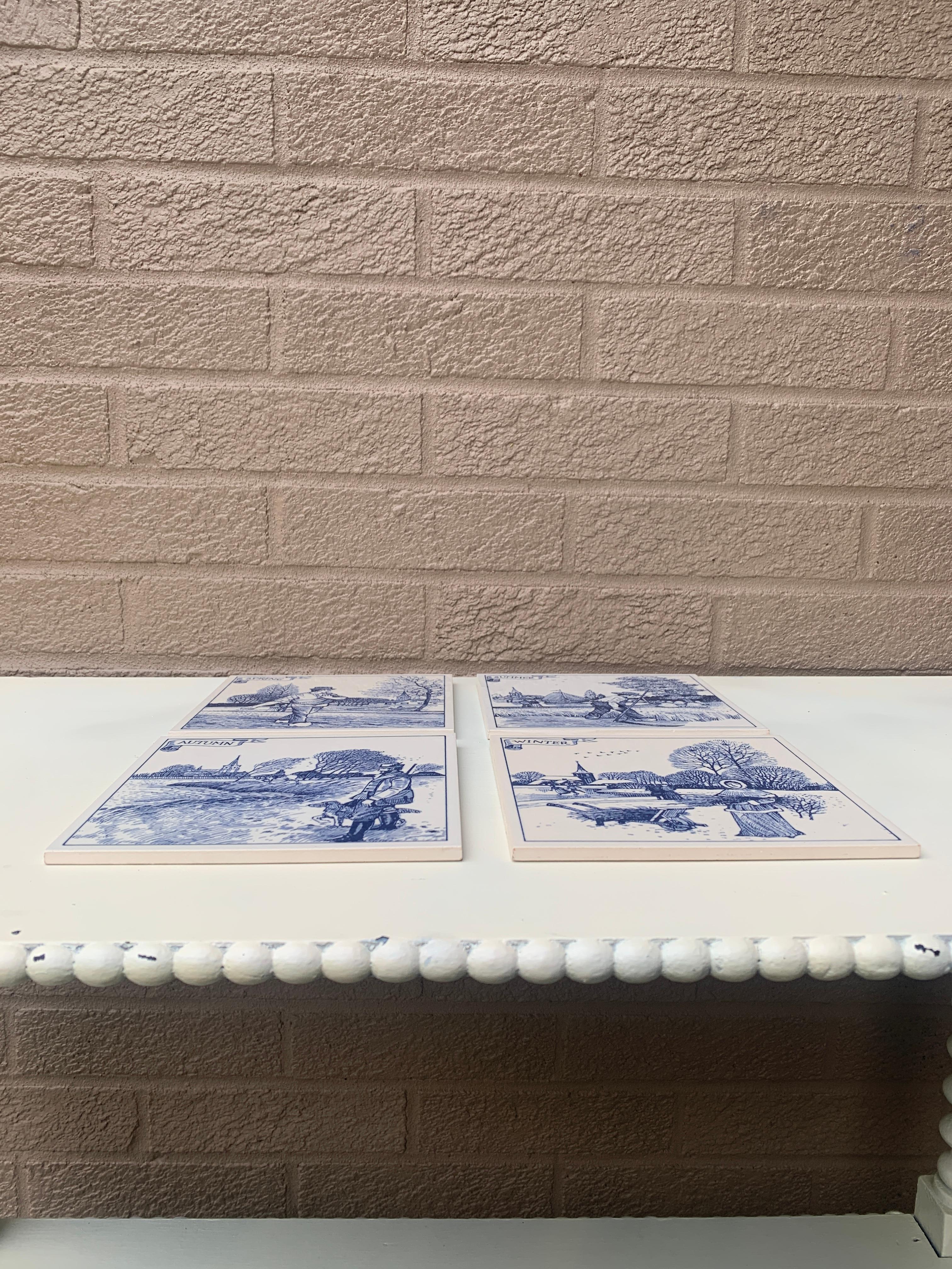 Vintage Dutch Delft Handmade Blue and White Tiles of The Four Seasons, Set of 4 3