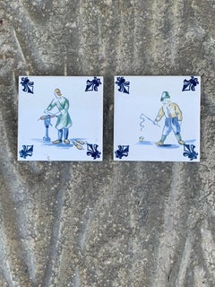 Vintage Dutch Delft Style Craftsmen Blue and White Tiles, Pair