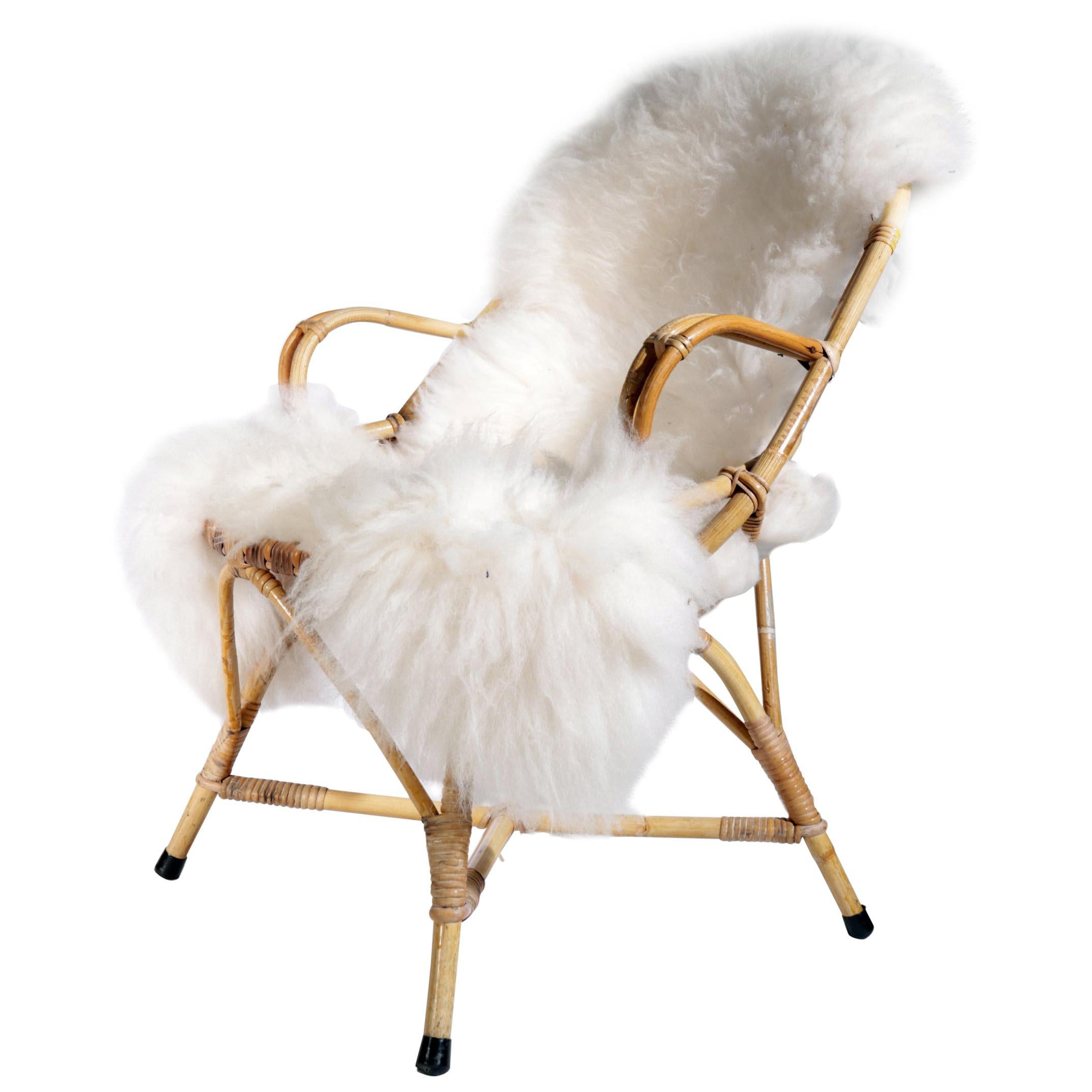 Vintage Dutch Design Rohe Rattan and Sheepskin Lounge Chair, 1960s