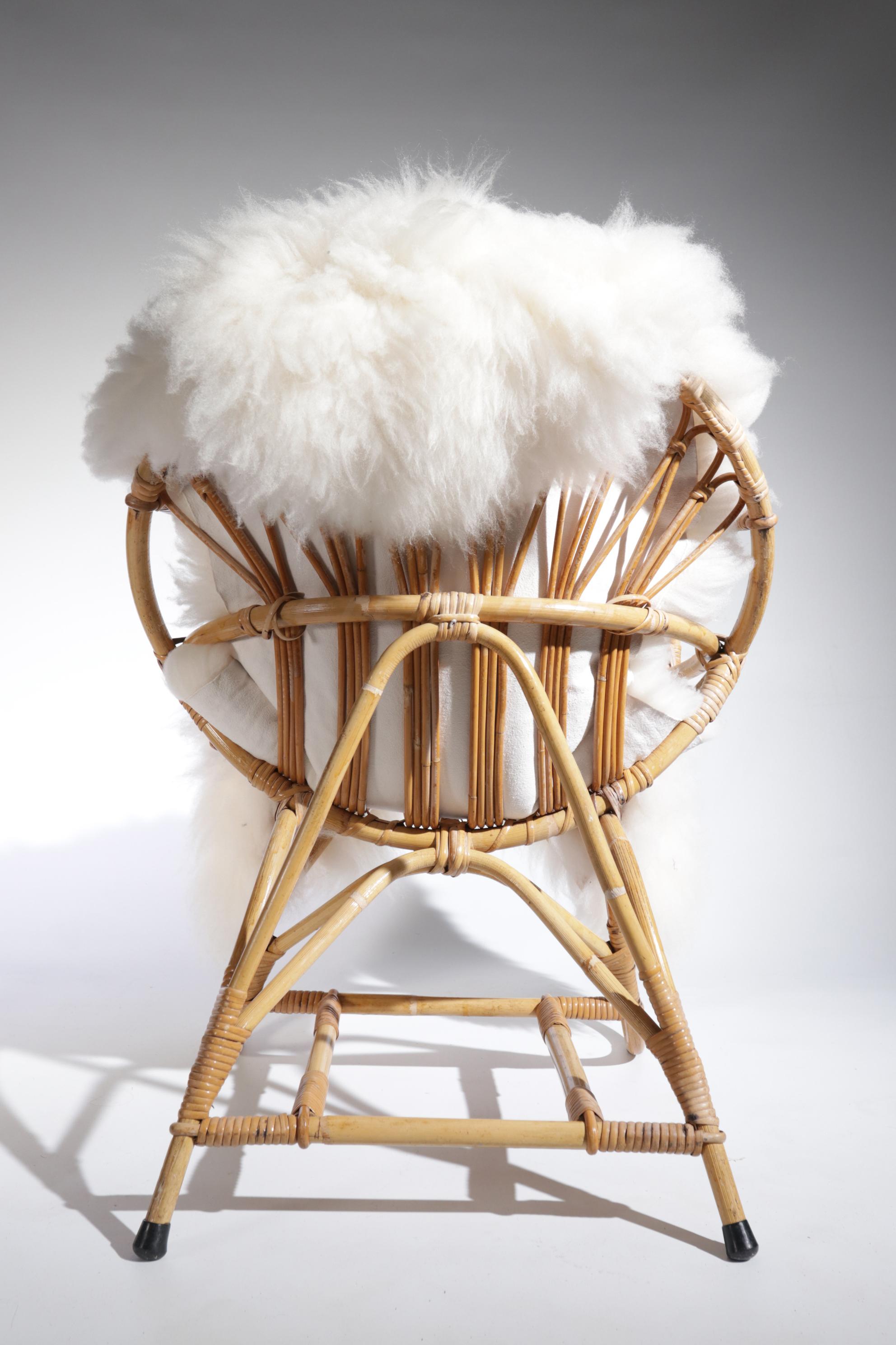 Mid-Century Modern Vintage Dutch Design Rohe Rattan and Sheepskin Lounge Chair, 1960s nr2