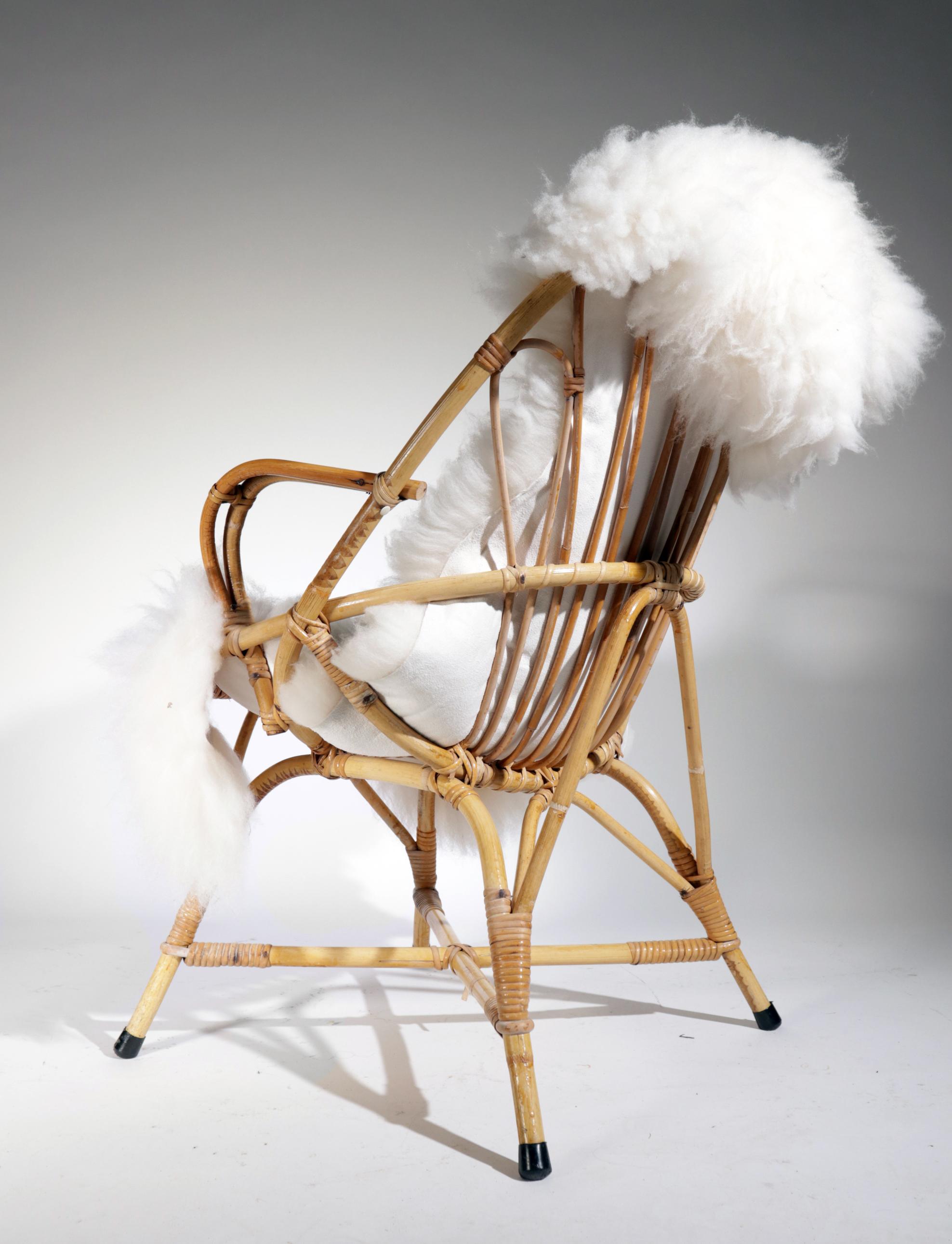 wicker chair with sheepskin