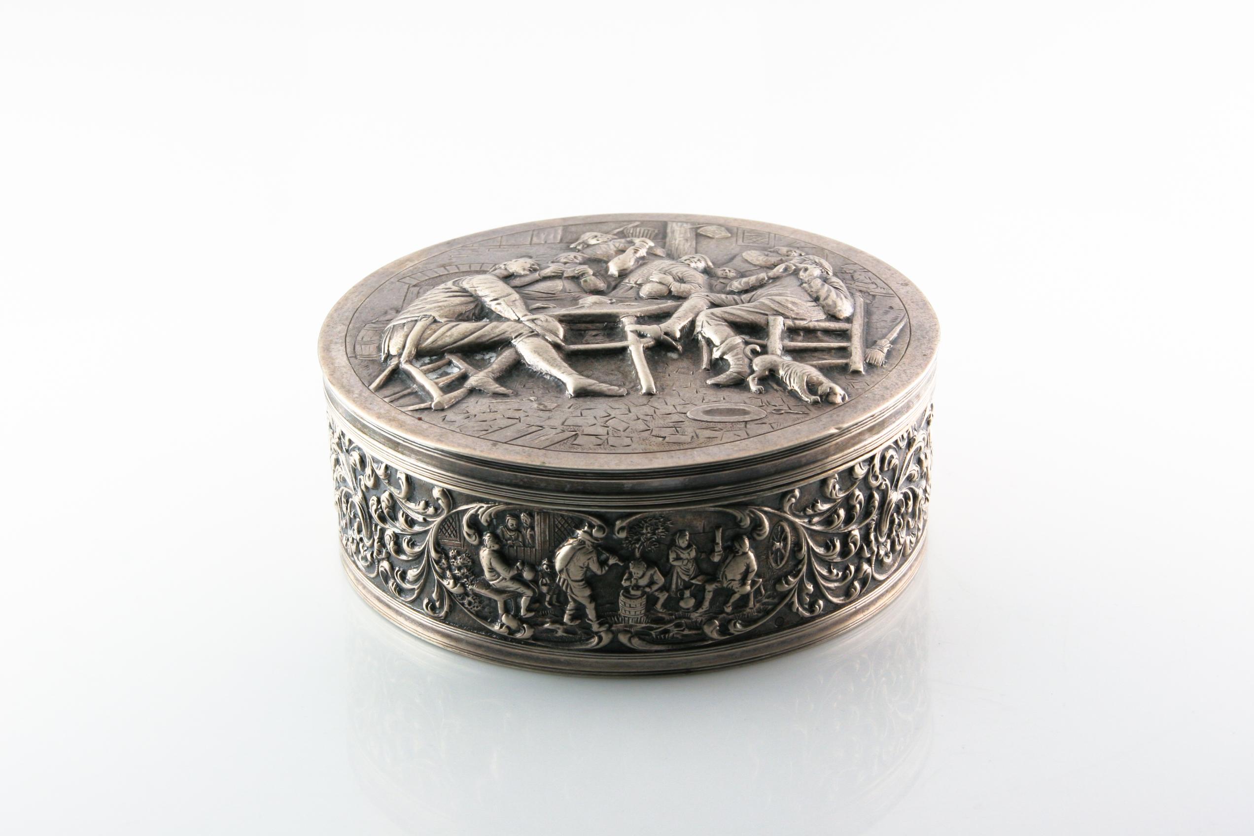Amazing Handmade Silver Trinket Box
Features Repousse Scene in a Tavern
Box is 5.125