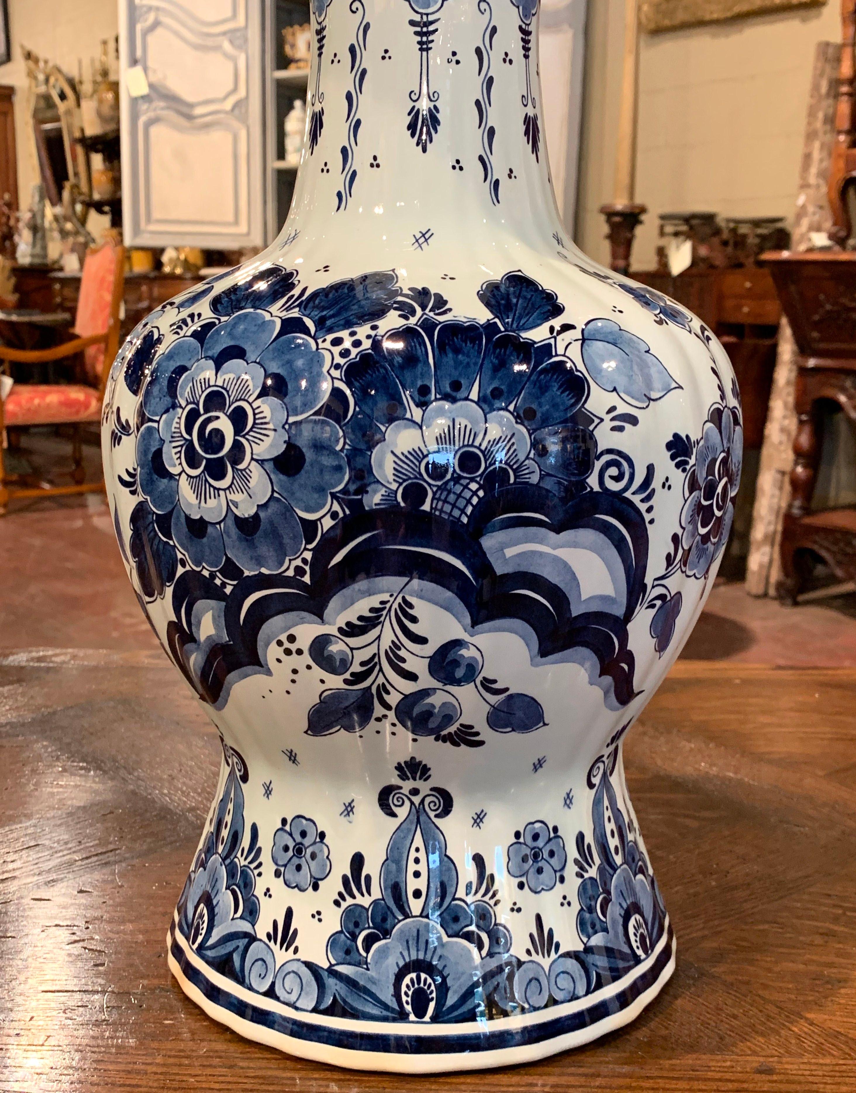 Hand-Crafted Vintage Dutch Hand Painted Blue and White Delft Faience Vase