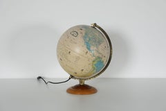Vintage Dutch Illuminated World Globe Table Lamp, Two-Tone Wood Base