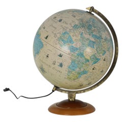 Vintage Dutch Illuminated World Globe Table Lamp, Two-Tone Wood Base