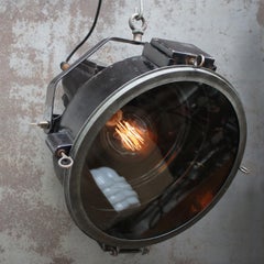 Vintage Dutch Industrial Black Enamel Clear Glass Pendant Spotlight, 1920s