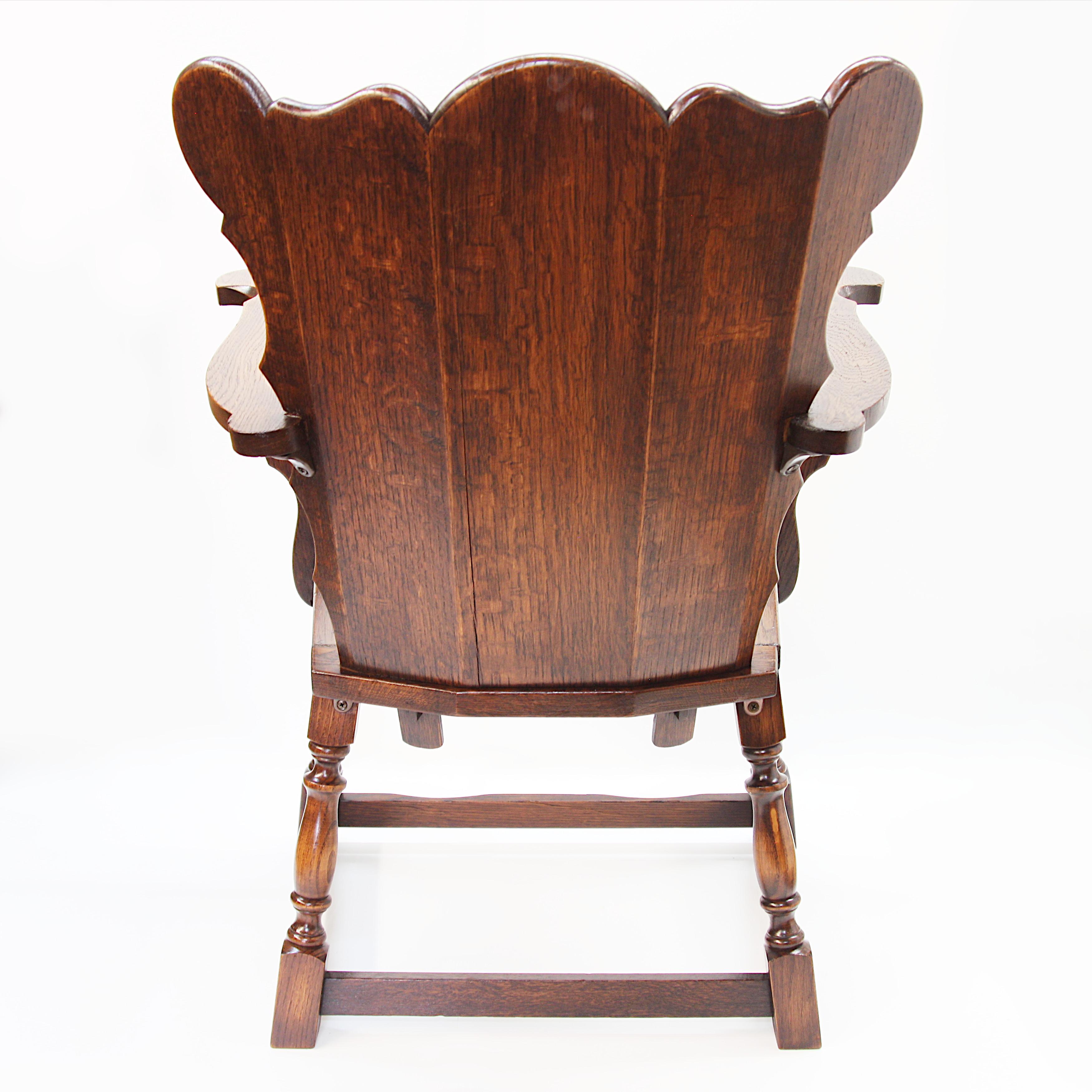 Carved Vintage Dutch Medieval Revival Heraldic Coat of Arms Oak Lodge Arm Chair