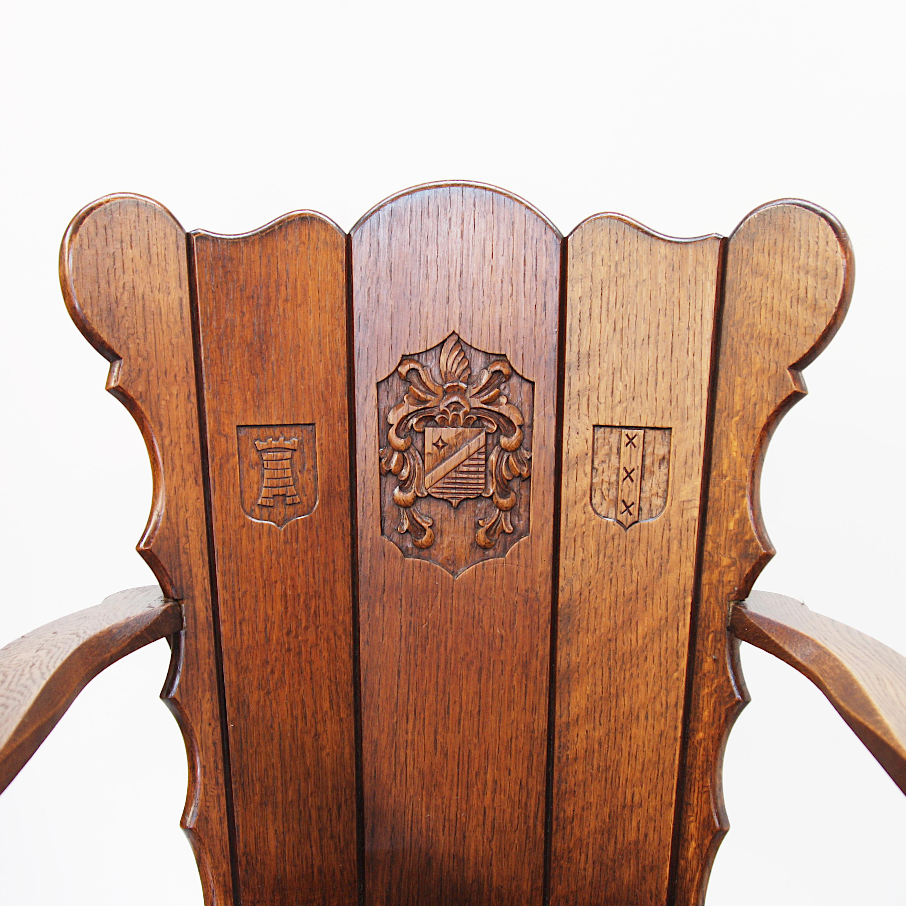 20th Century Vintage Dutch Medieval Revival Heraldic Coat of Arms Oak Lodge Arm Chair