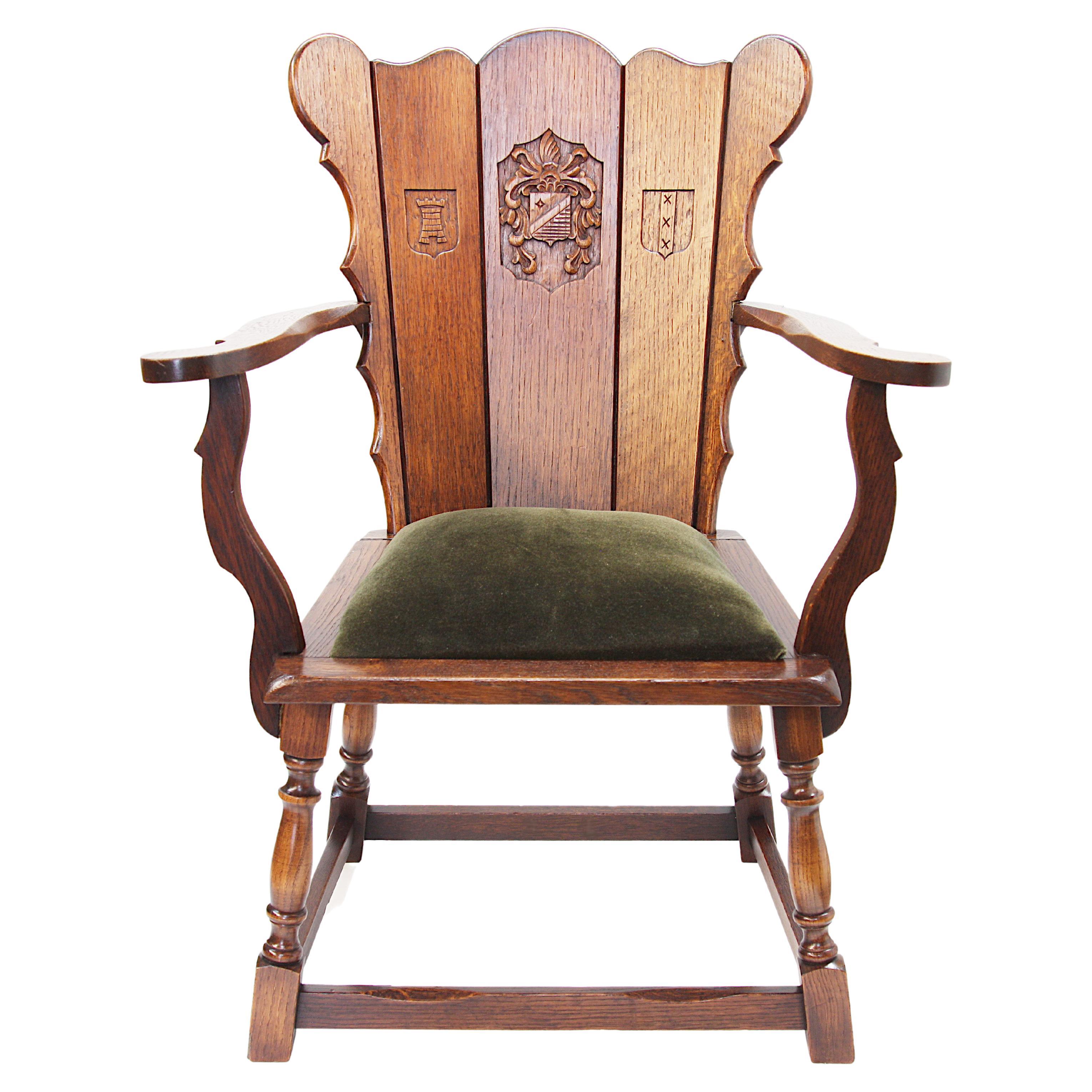 Vintage Dutch Medieval Revival Heraldic Coat of Arms Oak Lodge Arm Chair