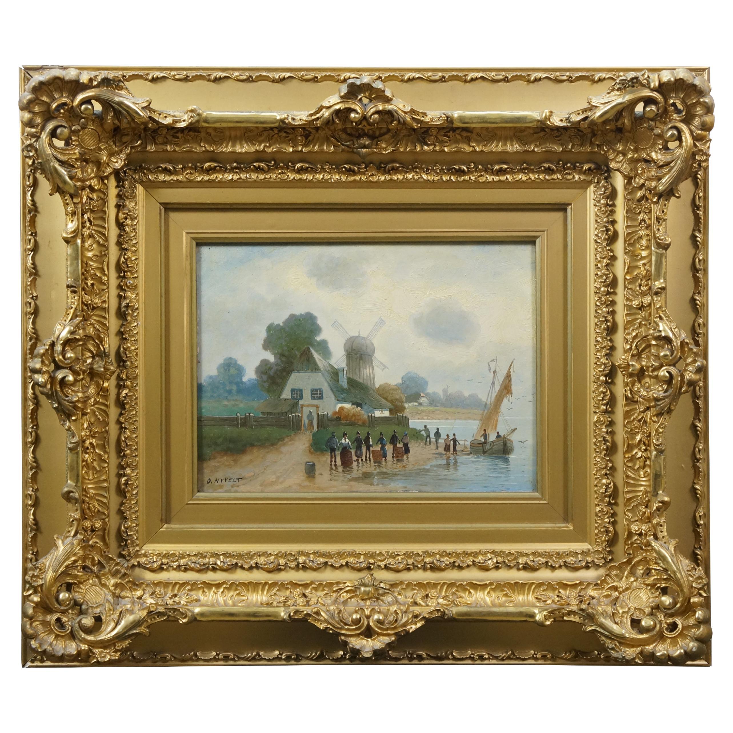 Vintage Dutch O Nyvelt Fishing Boat Windmill Landscape Oil Painting on Board 23"