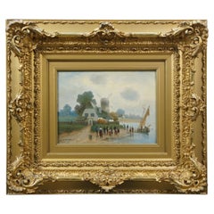 Vintage Dutch O Nyvelt Fishing Boat Windmill Landscape Oil Painting on Board 23"