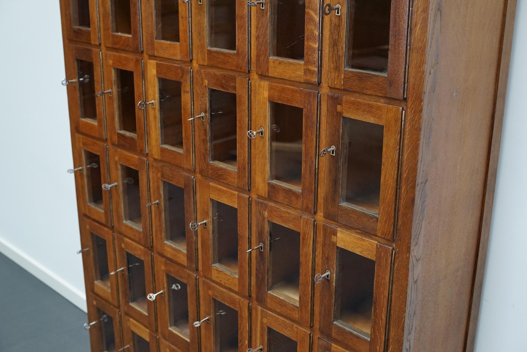 Industrial Vintage Dutch Oak Glass Door Locker Cabinet, 1930s