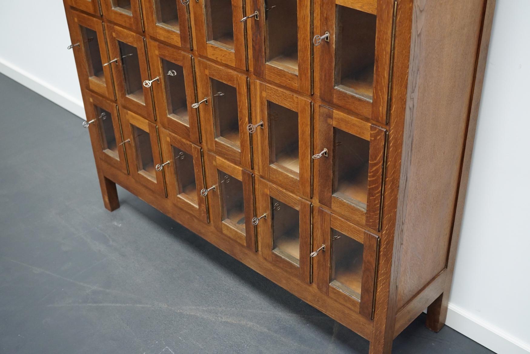 Vintage Dutch Oak Glass Door Locker Cabinet, 1930s In Good Condition In Nijmegen, NL