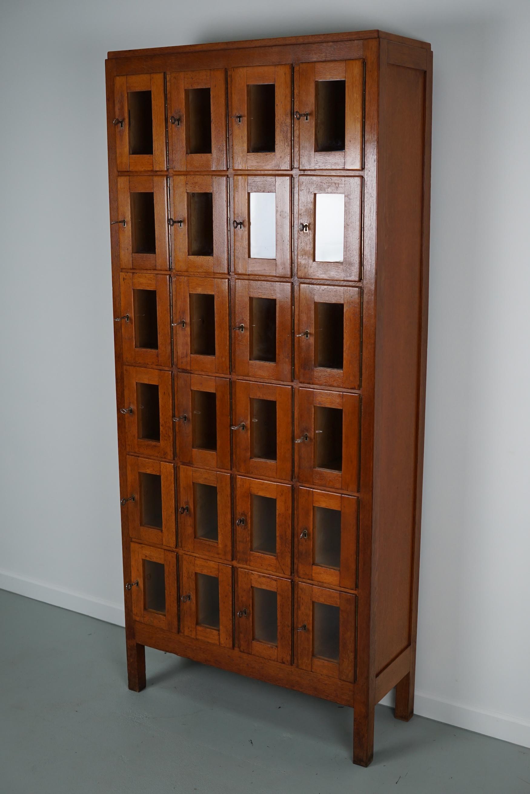 Vintage Dutch Oak Glass Door Locker Cabinet, 1930s In Good Condition In Nijmegen, NL