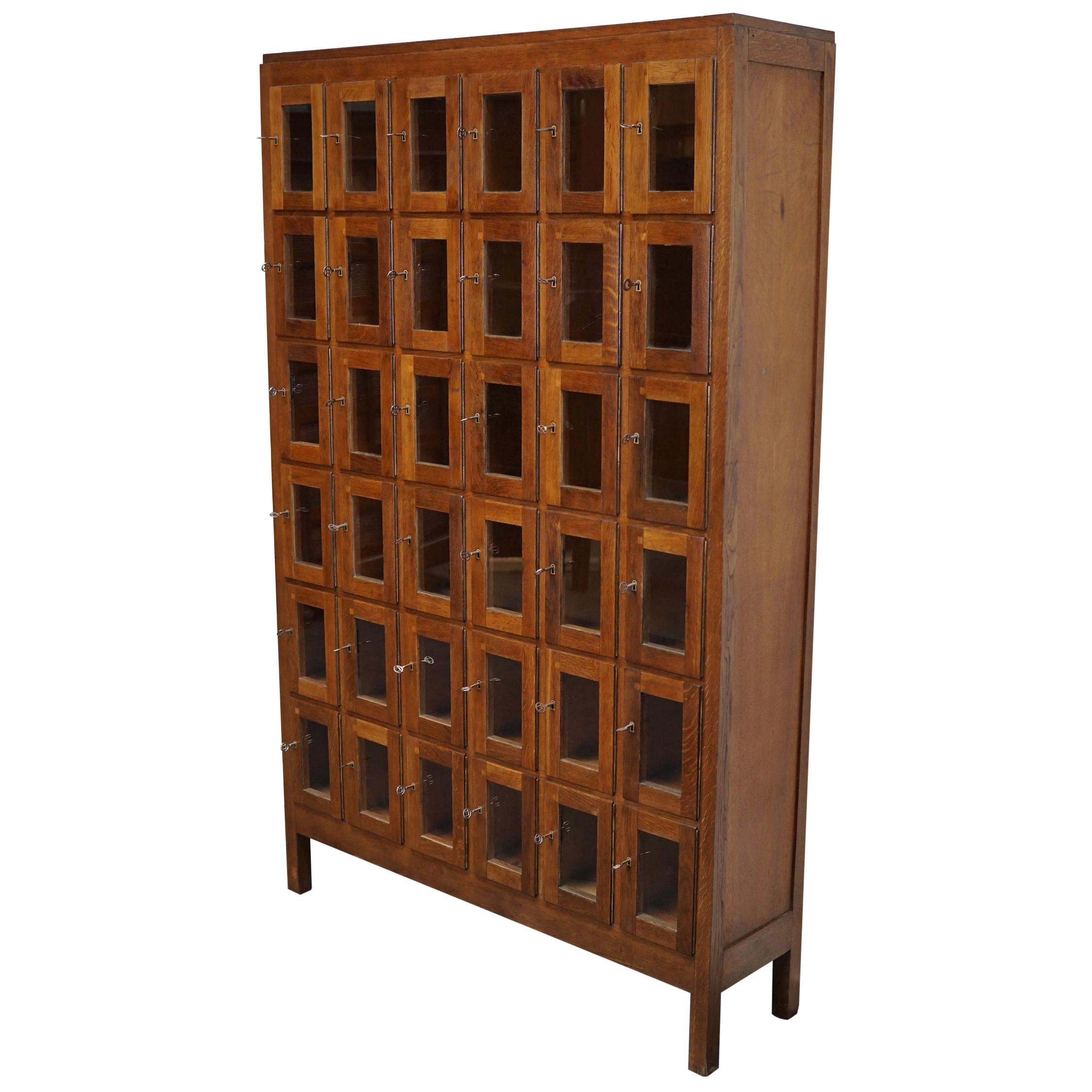 Vintage Dutch Oak Glass Door Locker Cabinet, 1930s