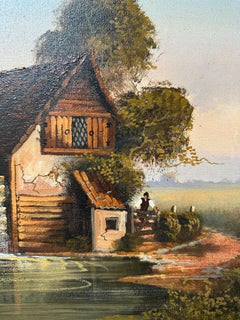 Pittura ad olio olandese d'epoca di John Hooley, Scena di mulino ad acqua, 1960