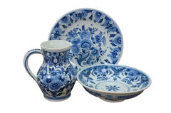 Vintage Dutch OUD Delft Blue & White Porcelain Pitcher Plate Berry Draining Bowl