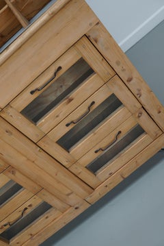 Vintage Dutch Pine Haberdashery Shop Cabinet with Glass Fronts