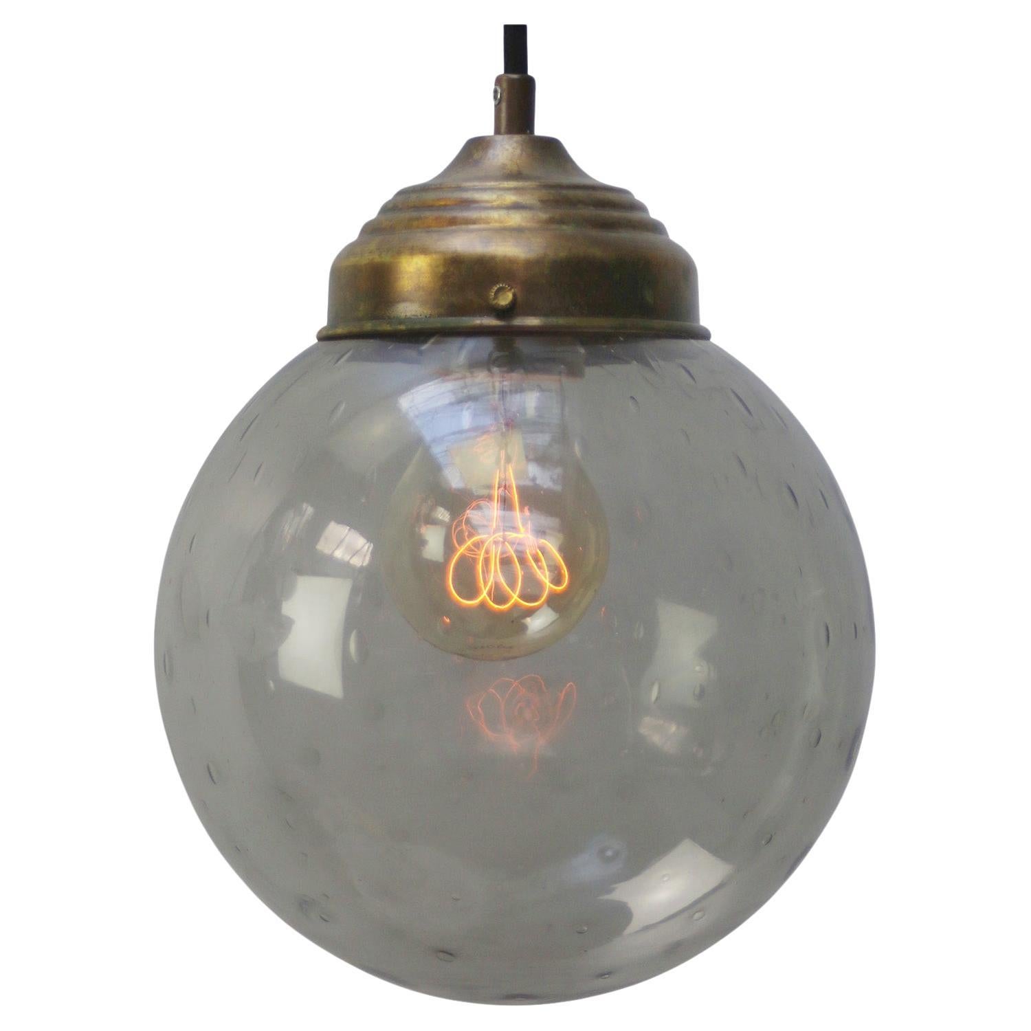 Vintage Dutch Smoked Air Bubble Glass Pendant Lights with Brass Top For Sale