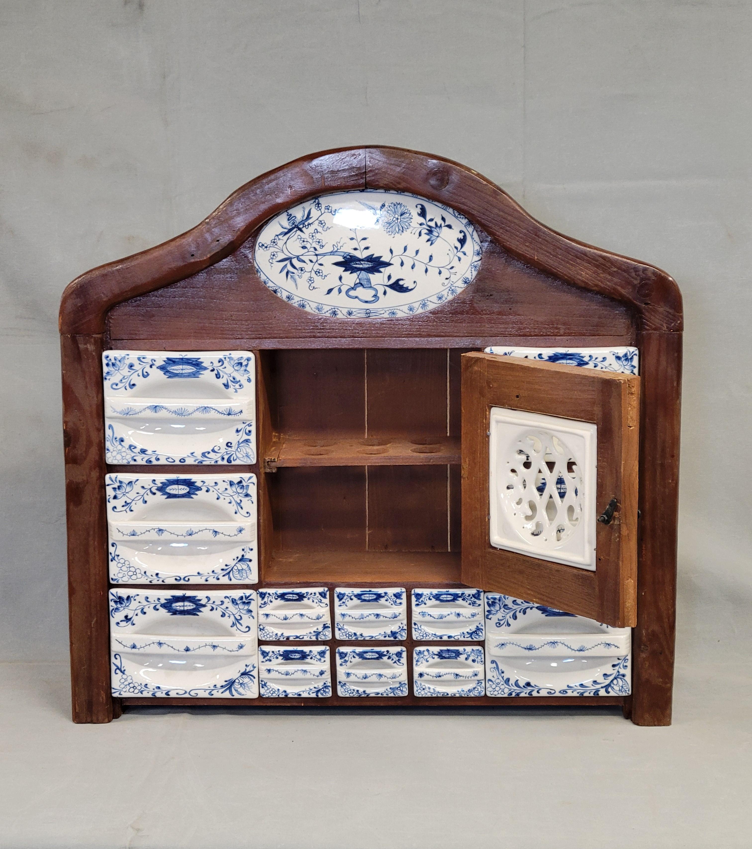 Dutch Colonial Vintage Dutch Spice Cabinet With Blue Onion Ceramic Inserts For Sale