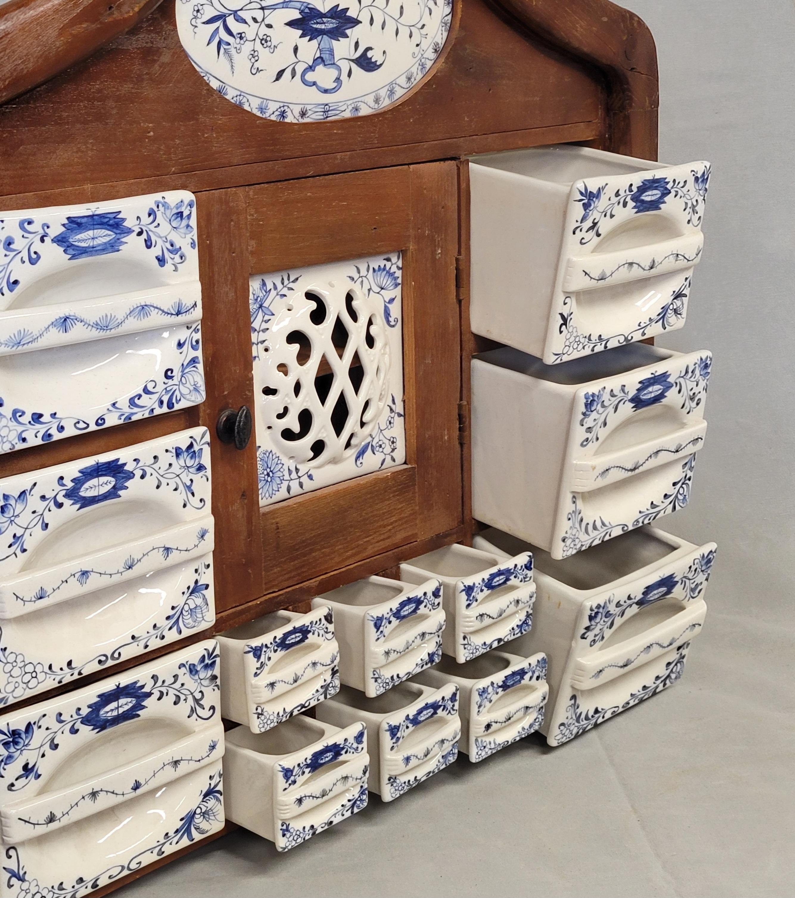 Hand-Crafted Vintage Dutch Spice Cabinet With Blue Onion Ceramic Inserts For Sale