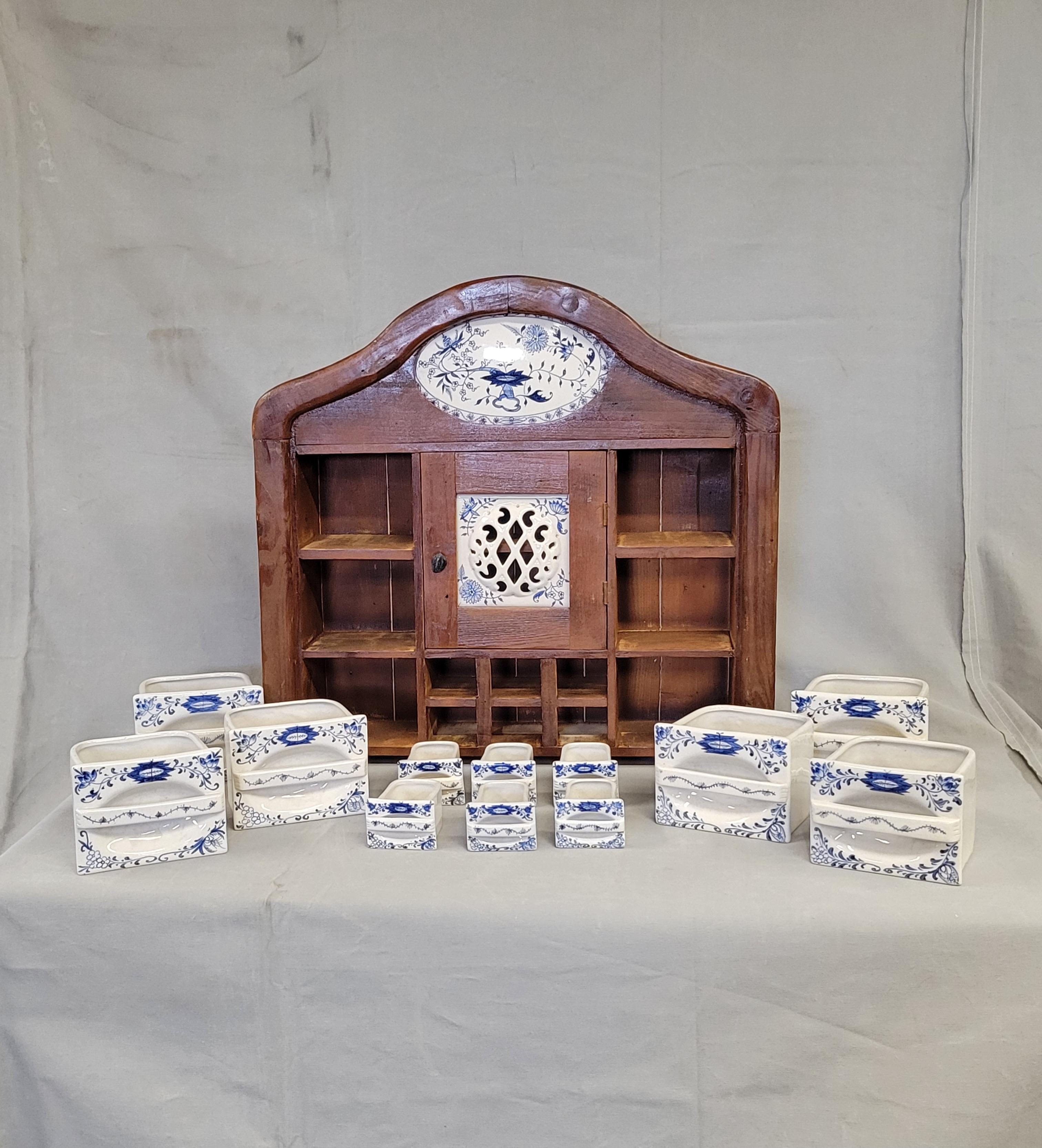 Vintage Dutch Spice Cabinet With Blue Onion Ceramic Inserts In Good Condition For Sale In Centennial, CO
