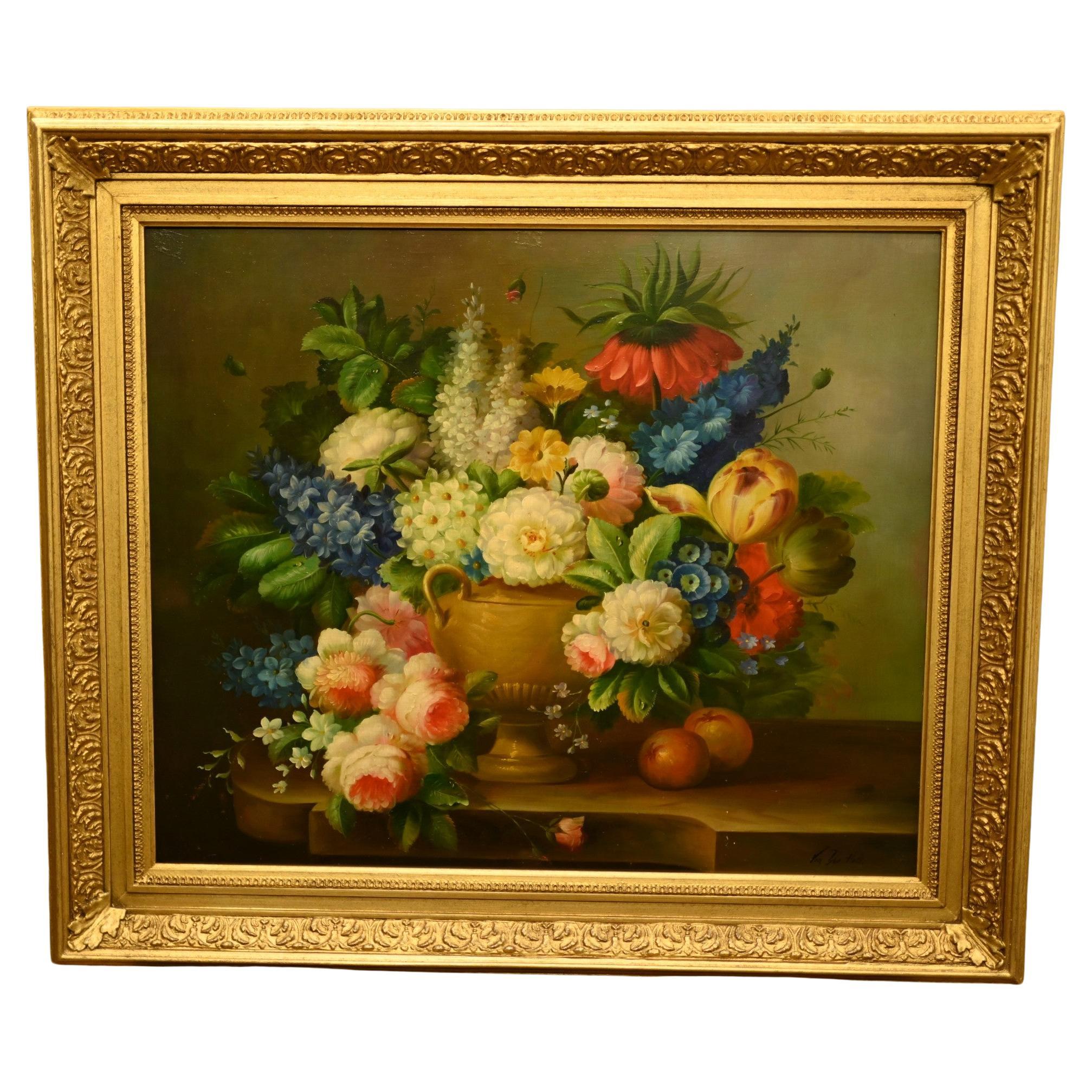 Vintage Dutch Still Life Oil Painting Floral Spray Signed en vente