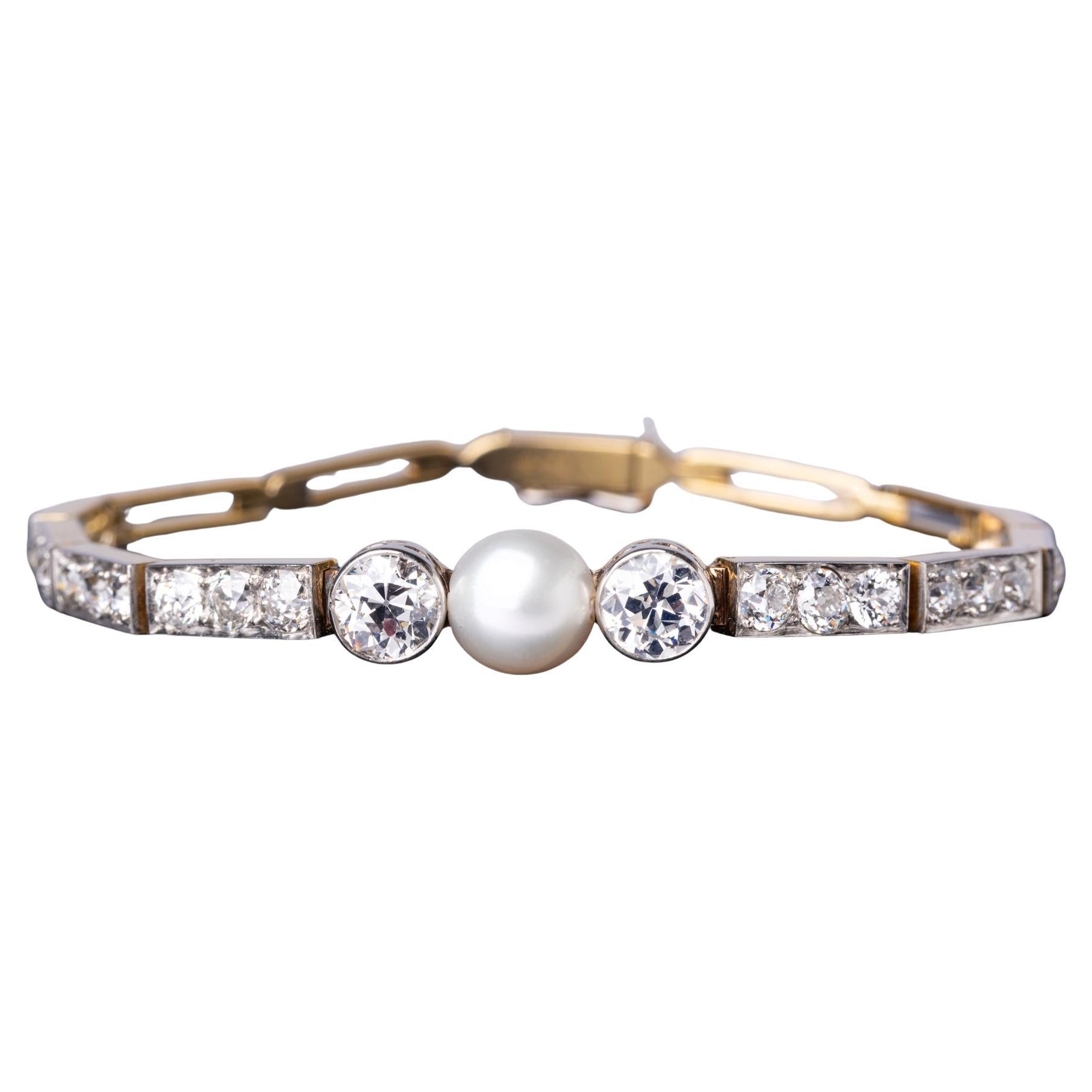 Art Deco Style 4.80ct Diamond and Pearl Bracelet 18K Solid Gold