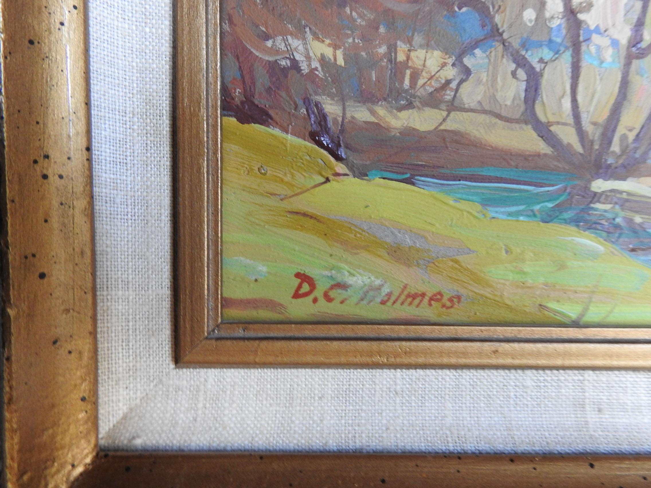 Vintage mid 20th century oil on masonite fall landscape painting by Dwight Clay Holmes (American, 1900-1986) Texas. Signed lower left corner, displayed in dark wood frame, opening size 10