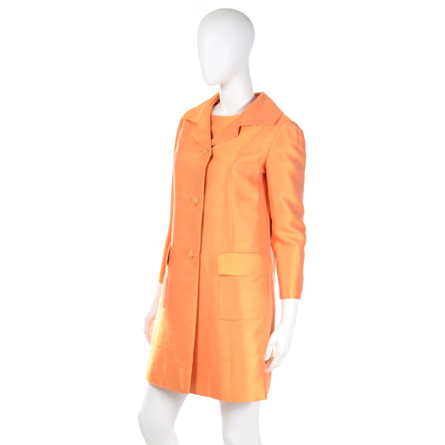 Vintage Dynasty 1960s Tangerine Orange 2pc Sheath Dress and Coat Suit