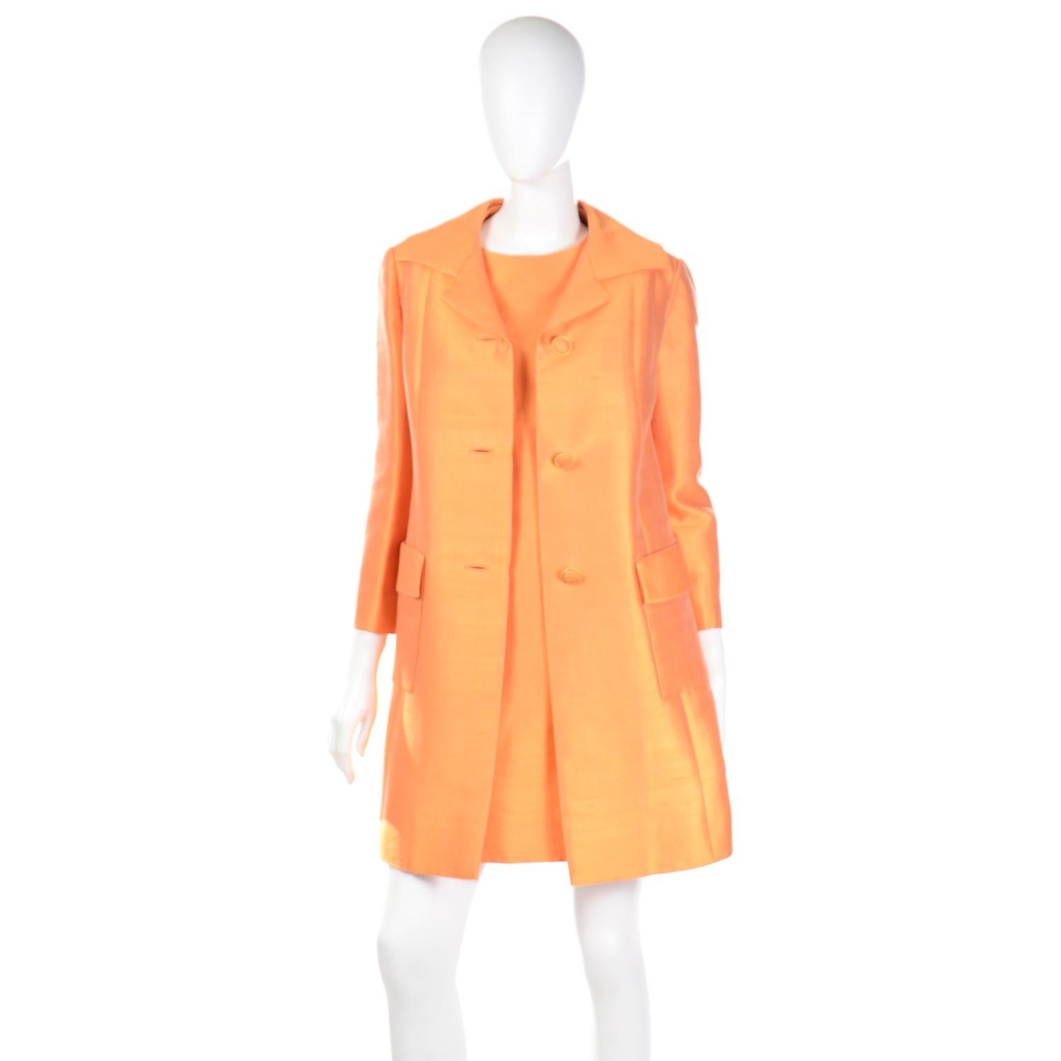 Vintage Dynasty 1960s Tangerine Orange 2pc Sheath Dress & Coat Suit 1