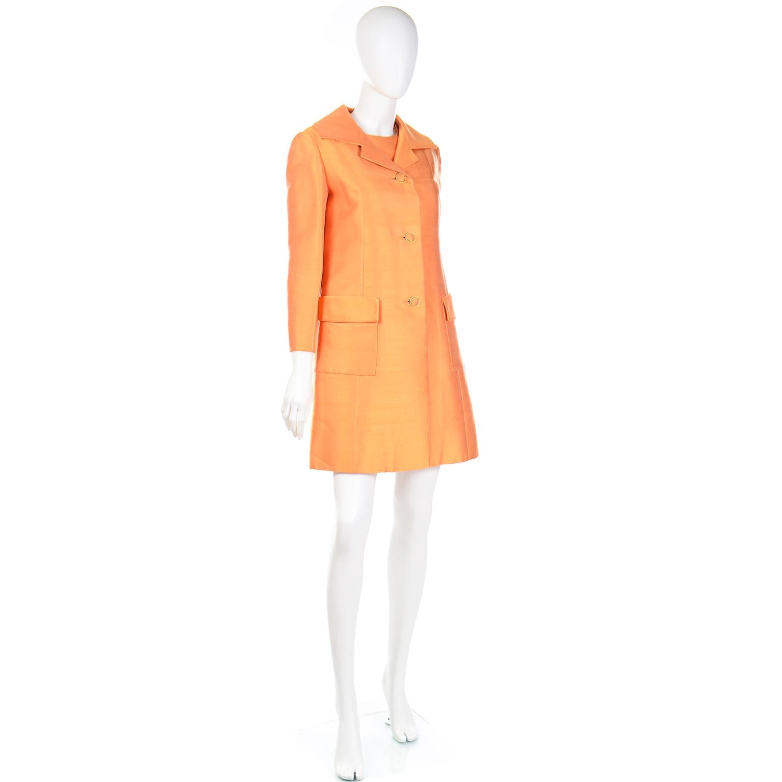 Vintage Dynasty 1960s Tangerine Orange 2pc Sheath Dress & Coat Suit 2