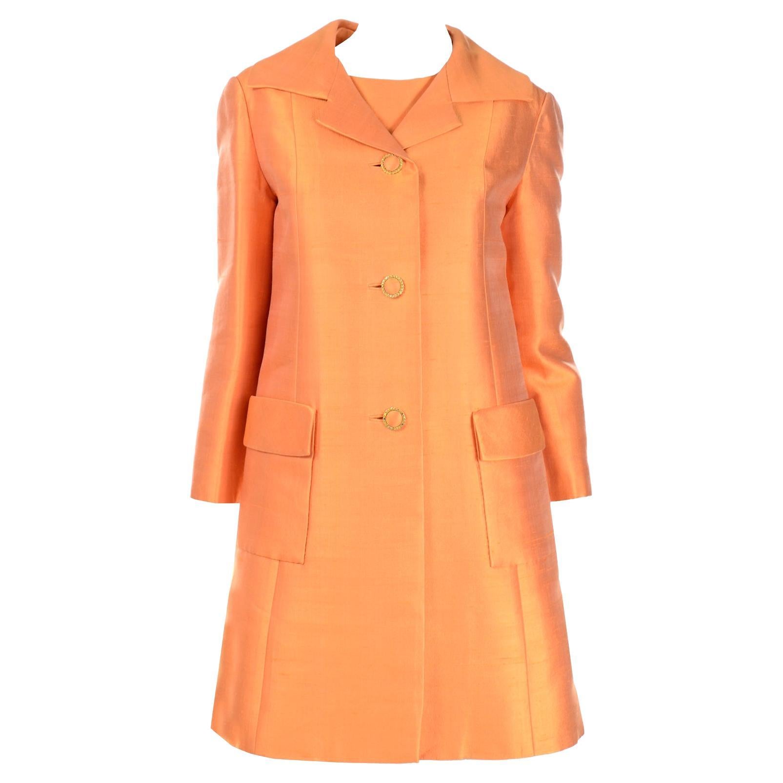 Vintage Dynasty 1960s Tangerine Orange 2pc Sheath Dress & Coat Suit