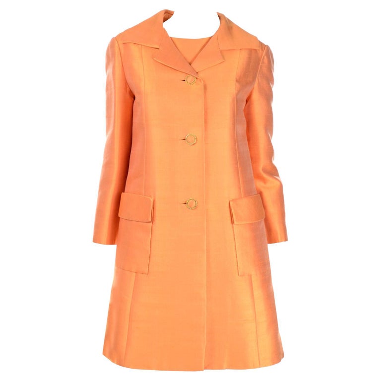 Vintage Dynasty 1960s Tangerine Orange 2pc Sheath Dress & Coat Suit For Sale