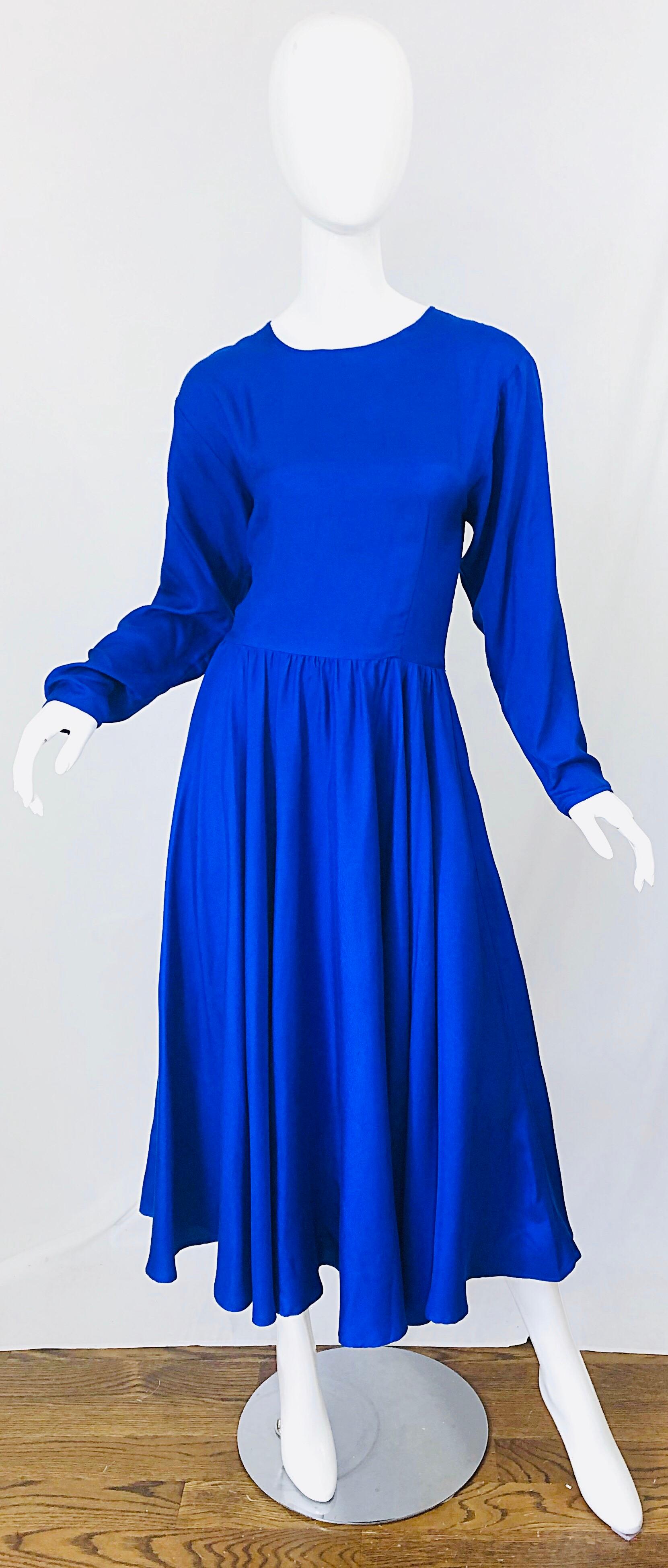 Vintage Dynasty Royal Blue Size 8 / 10 1970s Royal Bue Silk 70s Midi Dress 6