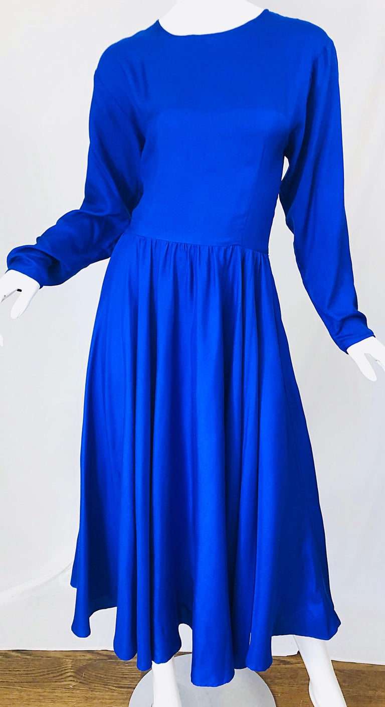 Vintage Dynasty Royal Blue Size 10 1970s Royal Bue Silk 70s Midi Dress ...