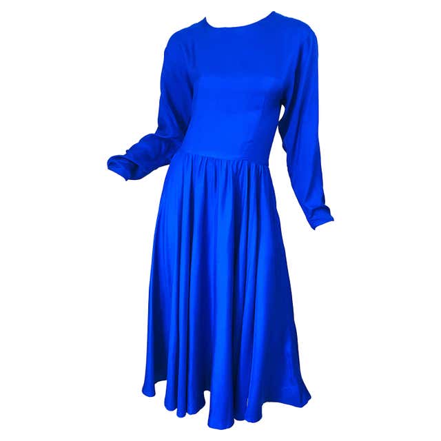 Demi Couture Royal Blue Silk Flower Abstract Vintage Dress, 1950s For ...