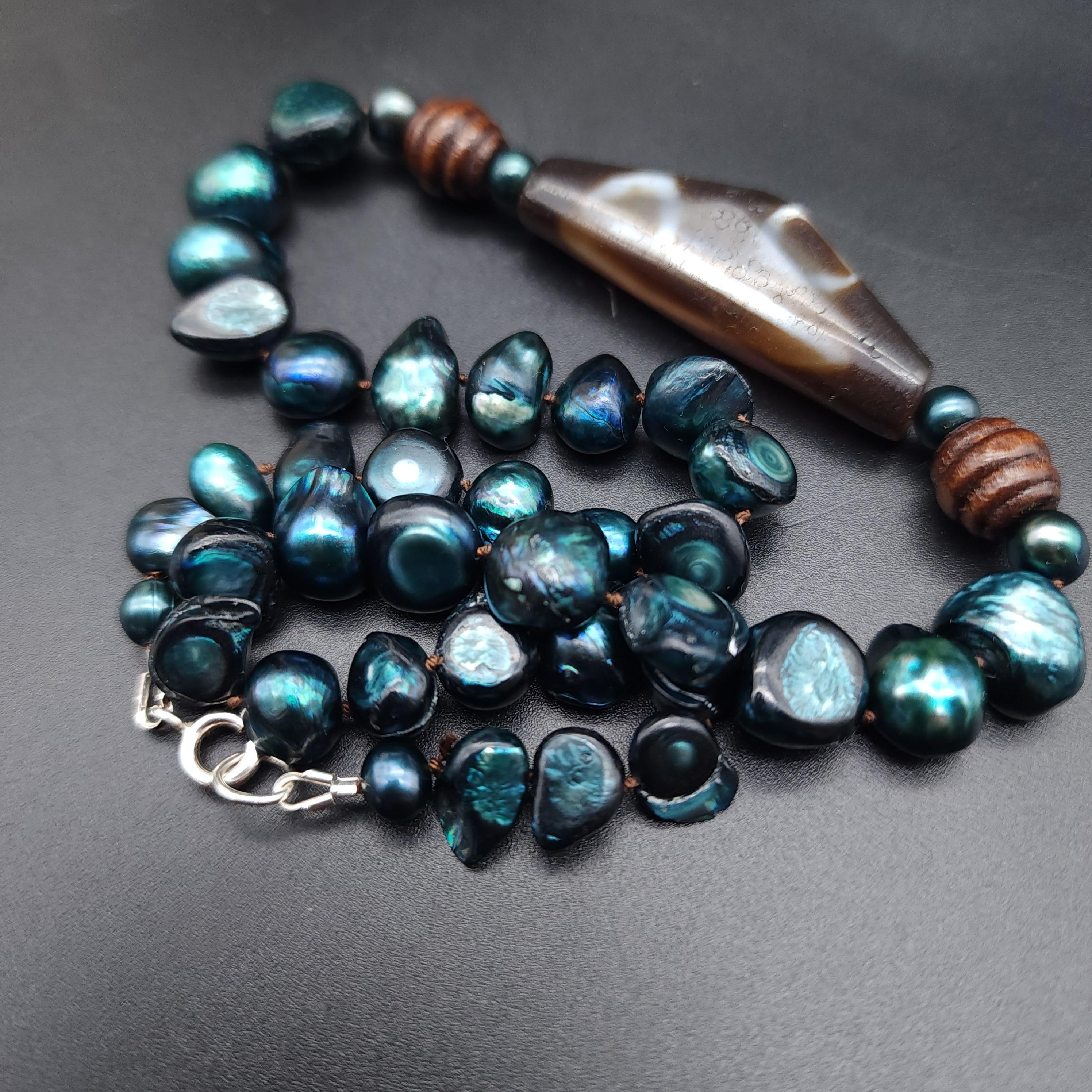 Dzi Vintage Dzi Vintage-Halskette mit Anhänger, Süßwasserblau-grüne Perlenperlenperlen-Perlenkette, Sterlingsilber für Damen oder Herren im Angebot