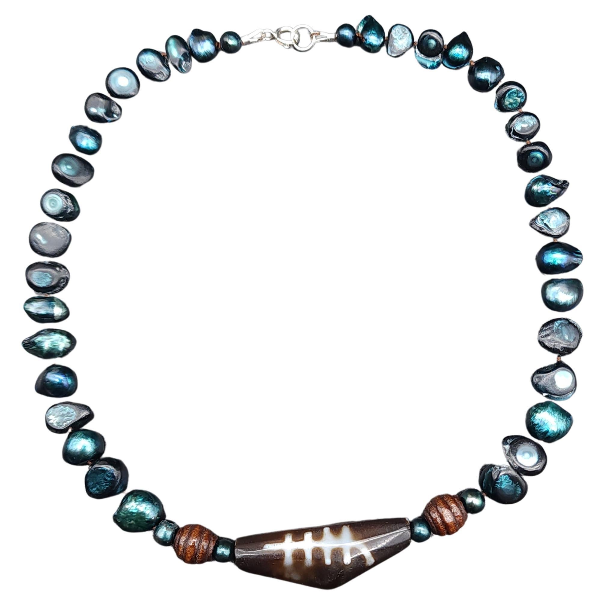 Dzi Vintage Dzi Vintage-Halskette mit Anhänger, Süßwasserblau-grüne Perlenperlenperlen-Perlenkette, Sterlingsilber im Angebot