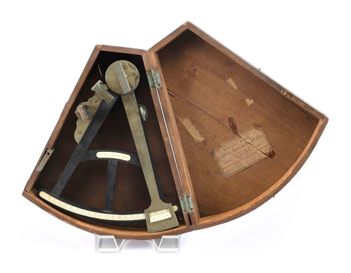 Presented is an American nautical sextant, dating to the mid-19th century. The wood, brass, and ivory sextant was made by Erasmus A. Kutz in New York. The sextant has a wooden body with a brass index arm and a graduated ivory arc, numbered every 5