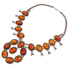 Vintage E. Belone Navajo Sterling Silver Amber Squash Blossom Necklace