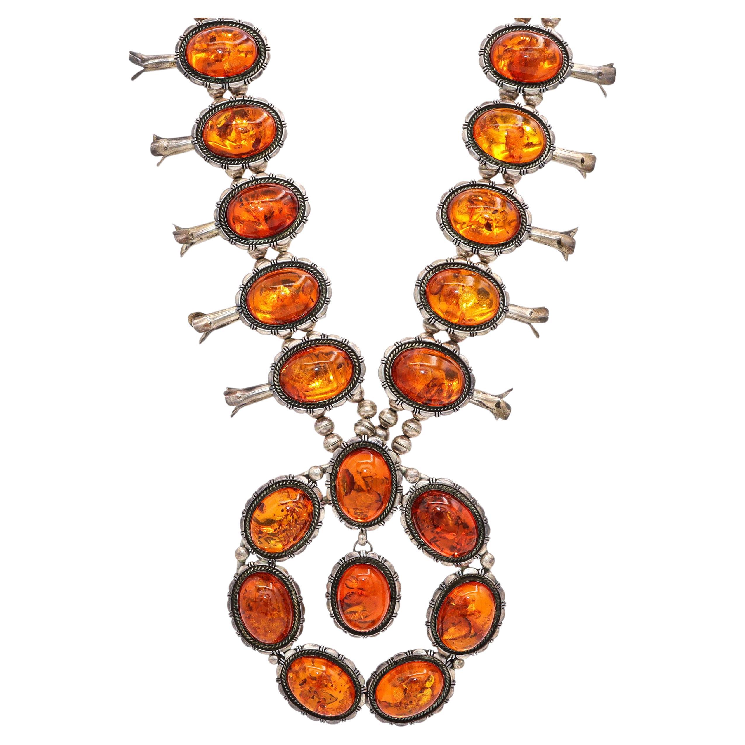 Vintage E. Belone Navajo Collana di fiori di zucca in argento sterling e ambra