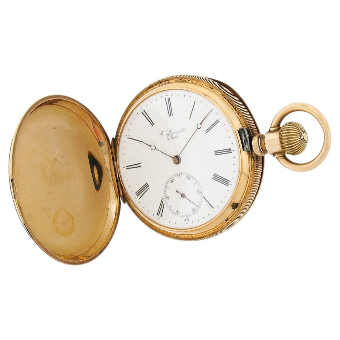 Reloj de Bolsillo Vintage E. Leonville Locle de oro amarillo de 14 quilates de 50 mm de gran tamaño de caza suizo
