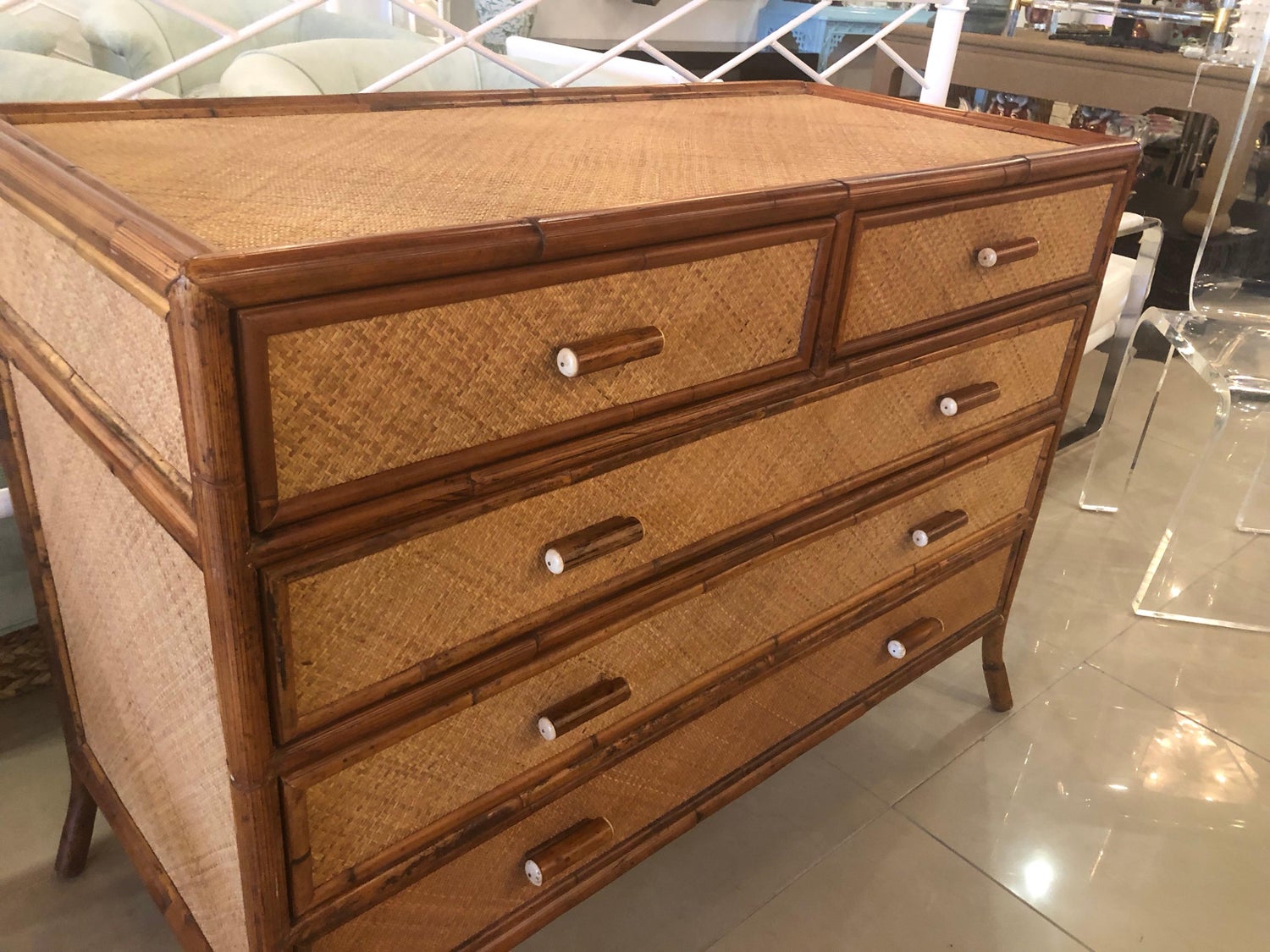 Vintage E Murio Grasscloth Burnt Bamboo Rattan Chest Of Drawers