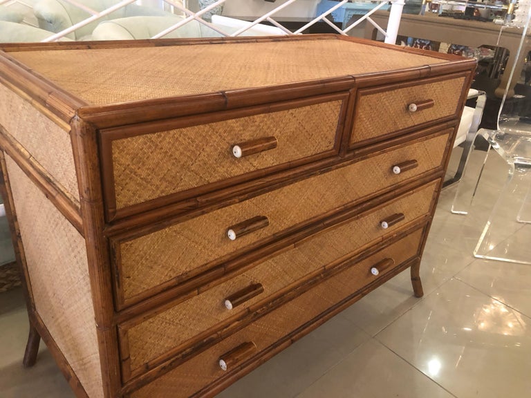 Vintage E Murio Grasscloth Burnt Bamboo Rattan Chest Of Drawers